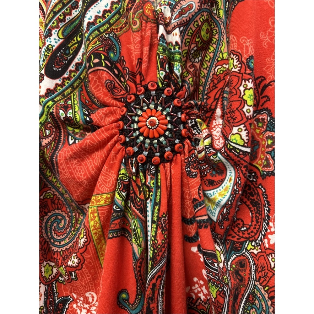ECI Paisley Tunic Blouse Women XL Red Beaded Medallion Ruched Sleeve Excellent - Picture 2 of 7